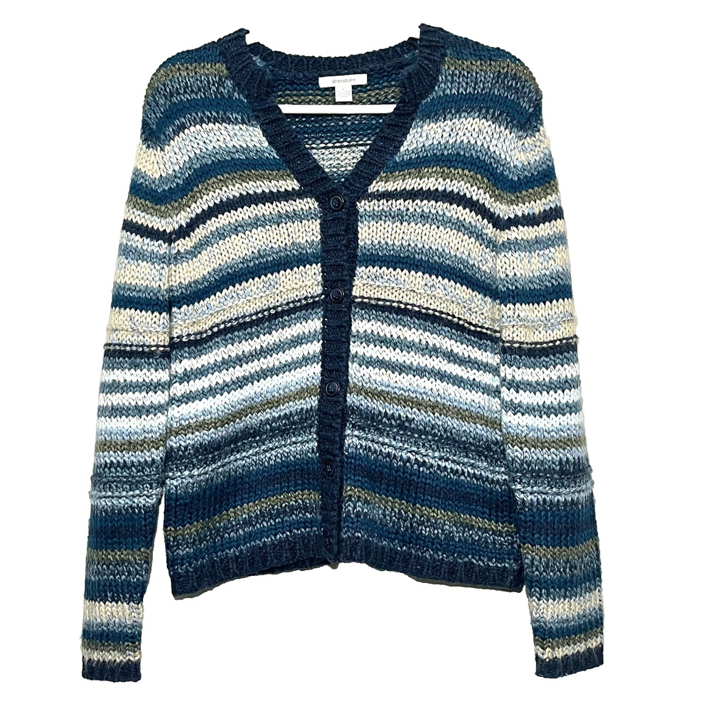 Blue Striped Chunky Knit Wool Blend Button Cardigan Small Coastal Cabin Grandma